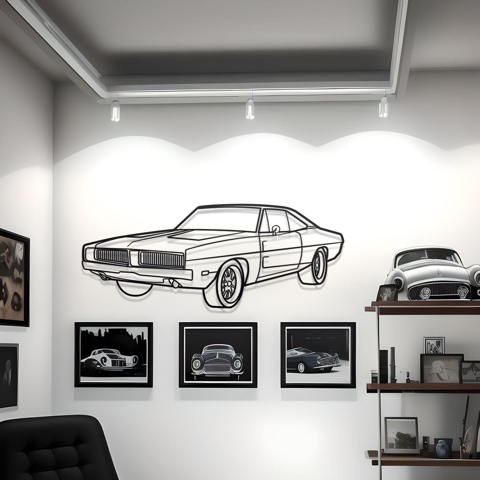1969 Dodge Charger Diagonal Detailed Metal Silhouette